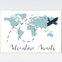 Nursery wall art map, adventure awaits, world map print, nursery decor boy mountains adventure, navy blue, plane nursery decor, mint nursery