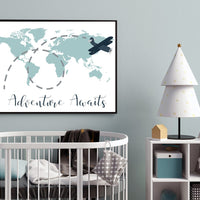 Nursery wall art map, adventure awaits, world map print, nursery decor boy mountains adventure, navy blue, plane nursery decor, mint nursery