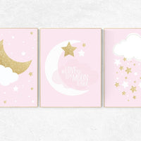 Pink gold nursery decor, nursery wall art girl, pink and gold nursery art, cloud and stars, baby room prints, gold nursery, baby room art