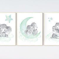 Nursery decor elephant, mint nursery decor, cloud and stars nursery, baby room , gender neutral, aqua, moon and stars, neutral nursery