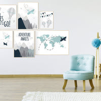 Nursery decor boy mountains adventure, mountain nursery art, adventure awaits. mountain, hot air balloon, planes, world map, gender neutral