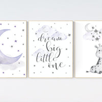 Nursery wall art girl giraffe, Nursery decor girl purple, lilac nursery decor lavender nursery, moon and stars nursery, dream big little one