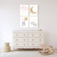 Nursery decor girl elephant, pink and gold nursery, we love you to the moon and back, pink nursery art, cloud and stars, baby room decor