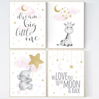 Pink and gold nursery, animal prints, elephant, giraffe, Nursery decor girl, we love you to the moon and back, moon, cloud and stars