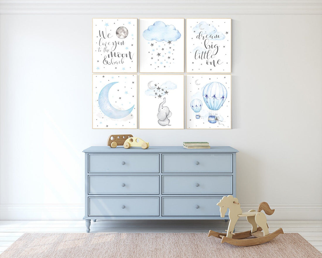 Nursery decor boy elephant, nursery wall art boy, moon and stars, hot air balloon, elephant nursery art, Blue and gray, cloud nursery