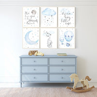Nursery decor boy elephant, nursery wall art boy, moon and stars, hot air balloon, elephant nursery art, Blue and gray, cloud nursery