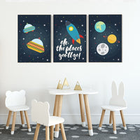 Oh the places you'll go, Space nursery decor, outer space nursery wall art, nursery set, space themed nursery kids room decor nursery prints