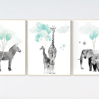 Safari nursery wall decor, teal, Nursery decor animals, gender neutral nursery, safari animal prints, zebra, elephant, safari animal balloon