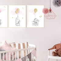 Nursery decor girl, gold and pink nursery decor, elephant balloon print, nursery wall art girl elephant, , gold nursery art, nursery prints