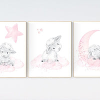 Sheep nursery decor, Nursery decor girl, nursery decor lambs, nursery wall art sheep, moon and cloud wall art nursery, girl nursery decor