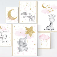 Nursery wall art girl, giraffe nursery, baby room decor girl gold and pink, we love you to the moon and back, moon and stars, elephant