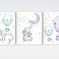 Nursery decor girl elephant, nursery decor girl purple, hot air balloon, purple mint, lavender, nursery decor girl lila, lilac mint, aqua