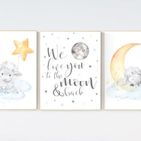 Blue yellow nursery, nursery decor neutral, lamb, farm animals, Sheep nursery, moon and stars, nursery decor animals, gender neutral