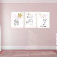 Nursery wall art girl, baby room decor girl gold and pink, giraffe nursery, dream big little one, cloud and stars, elephant nursery wall art