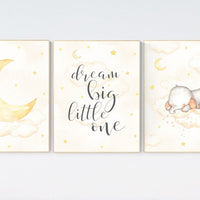Nursery wall art neutral, Nursery decor elephant, gender neutral, dream big little one, yellow nursery, cloud and stars, moon nursery art