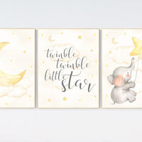 Cloud and stars nursery, Nursery wall art elephant, Nursery decor neutral, gender neutral, twinkle twinkle little star, yellow nursery, moon