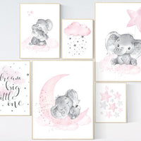 Nursery wall art girl elephant, pink and gray, nursery decor girl pink, dream big little one, cloud, stars, nursery prints, baby room decor