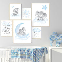 Nursery decor boy elephant, nursery wall art boy, Blue and gray, cloud and stars, baby room art elephant, elephant nursery art, moon nursery