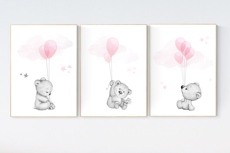 Nursery decor bear, bear nursery print,  teddy bear, pink grey nursery, nursery wall art animals, girl room decor, baby girl nursery decor