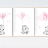 Nursery decor bear, bear nursery print,  teddy bear, pink grey nursery, nursery wall art animals, girl room decor, baby girl nursery decor
