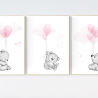 Nursery decor girl, nursery decor bear, bear nursery print, teddy bear, pink grey nursery, nursery wall art animals, girl room decor