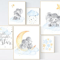 Nursery decor neutral, Nursery prints elephant, nursery decor clouds stars, gender neutral, baby room, unisex, Nursery wall art elephant