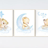 Nursery decor bear, nursery decor boy, bear nursery print, teddy bear decor, nursery wall art animals, boy nursery wall decor, blue nursery