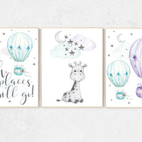 Nursery decor girl giraffe, nursery decor girl purple, hot air balloon, purple mint, lavender, nursery decor girl lilac mint, turquoise aqua