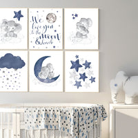 Navy blue nursery wall art, Nursery decor boy elephant, nursery wall art boy, moon and stars, we love you to the moon and back, navy room