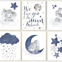 Navy blue nursery wall art, Nursery decor boy elephant, nursery wall art boy, moon and stars, we love you to the moon and back, navy room