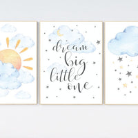 Nursery decor clouds, sunshine nursery, gender neutral nursery wall art, dream big little one, sun, cloud, baby room decor, blue yellow