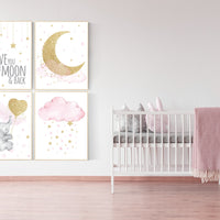 Nursery decor girl elephant, pink and gold nursery, we love you to the moon and back, pink nursery art, cloud and stars, baby room decor