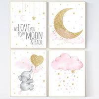 Nursery decor girl elephant, pink and gold nursery, we love you to the moon and back, pink nursery art, cloud and stars, baby room decor
