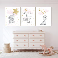 Nursery wall art girl, baby room decor girl gold and pink, giraffe nursery, elephant nursery wall art, dream big little one, cloud, stars