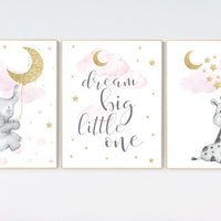 Nursery wall art girl giraffe , baby room decor girl gold and pink, dream big little one, cloud and stars prints, elephant nursery wall art