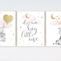 Nursery wall art girl, baby room decor girl gold and pink, giraffe nursery, dream big little one, cloud and stars, elephant nursery wall art