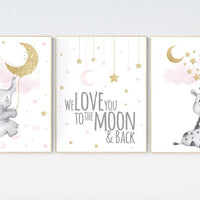 Nursery decor girl, giraffe nursery, baby room decor girl gold and pink, girl nursery decor, cloud and stars, elephant nursery wall art
