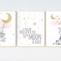 Nursery decor girl, giraffe nursery, baby room decor girl gold and pink, girl nursery decor, cloud and stars, elephant nursery wall art