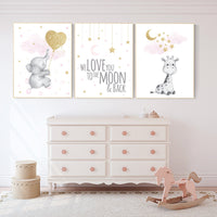 Nursery decor girl elephant, giraffe nursery, baby room decor girl gold and pink, girl nursery decor, cloud and stars, elephant nursery