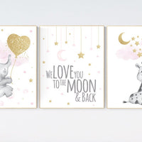 Nursery decor girl elephant, giraffe nursery, baby room decor girl gold and pink, girl nursery decor, cloud and stars, elephant nursery