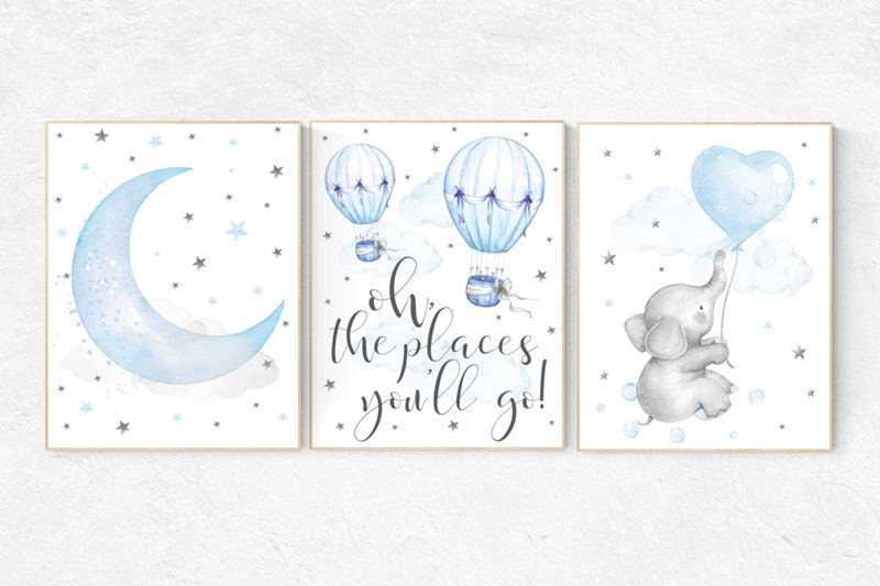 Nursery decor boy elephant, Nursery decor boy hot air balloon, oh the places you&