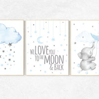 Nursery decor boy elephant, blue gray, grey, moon and cloud, we love you to the moon and back, nursery wall art boy, boy nursery ideas