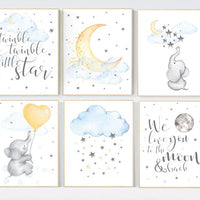 Nursery decor elephant, nursery decor hot air balloons, cloud nursery prints, Nursery decor neutral, moon and stars nursery gender neutral