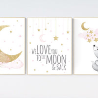 Nursery decor girl fox, nursery decor woodland, pink and gold, nursery prints animals, fox nursery decor, we love you to the moon and back