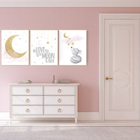 Nursery decor girl fox, nursery decor woodland, pink and gold, nursery prints animals, fox nursery decor, we love you to the moon and back