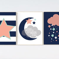 Nursery decor girl navy mint coral, nursery decor girl navy, nursery wall art, nursery prints girl, moon and stars, Navy Mint Coral