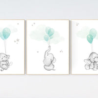 Nursery decor elephant, gender neutral nursery decor, nursery wall art animals, elephant balloon print, aqua nursery decor, turquoise, mint