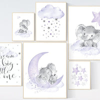 Nursery decor girl purple, lilac nursery decor, nursery decor elephant girl, moon and stars, nursery prints girl, lavender, star nursery