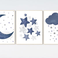 Navy nursery decor, cloud and stars, moon and stars, navy blue nursery art. baby room wall art, boy nursery decor, set of 3, nursery art