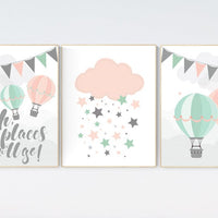 Coral mint nursery, Mint pink nursery, Oh the places you'll go, Baby girl nursery decor, nursery decor girls, mint pink wall art